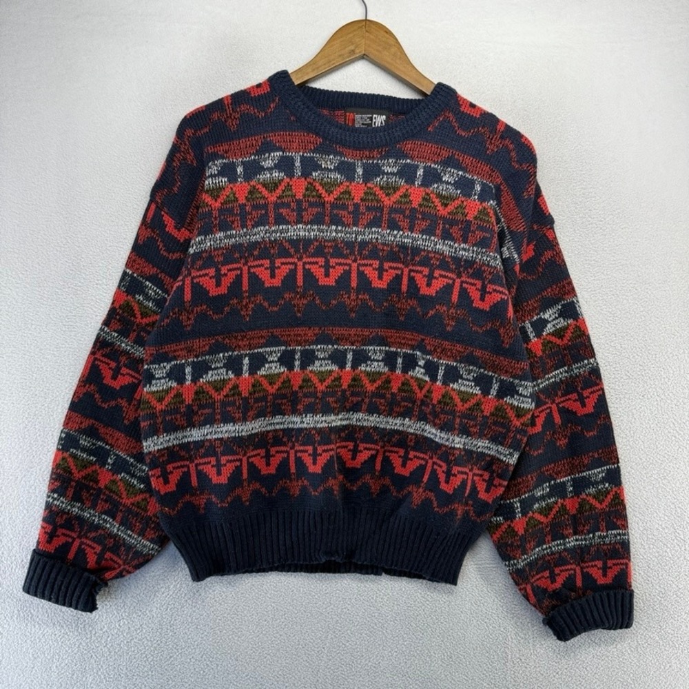 Vintage Todays News Sweater Mens Medium Blue Red Fair Isle Geometric Hip hop 90s
